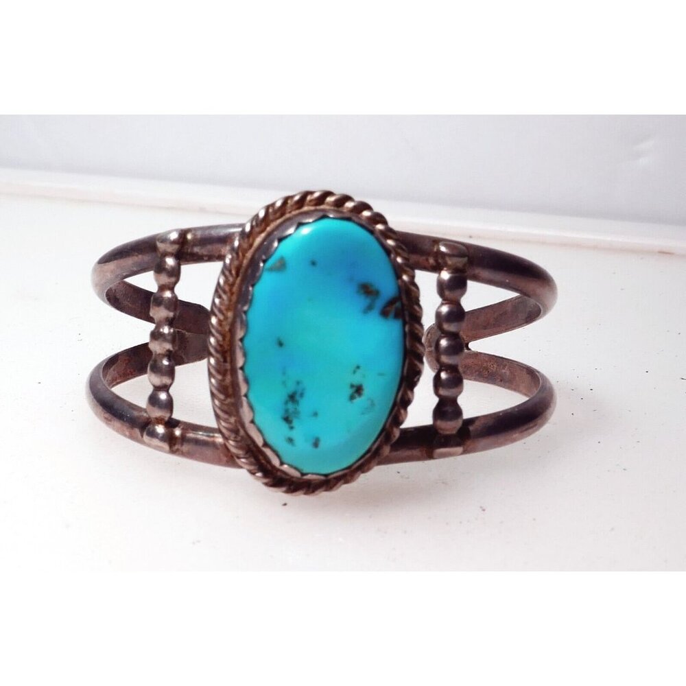 Vintage Navajo Turquoise Sterling Silver Child Cuff Bracelet Signed JR 3.75"